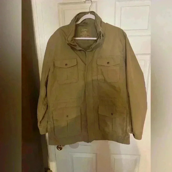 LL Bean Men’s Khaki Field Work Jacket with Hideaway Hood Size L - Picture 1 of 11